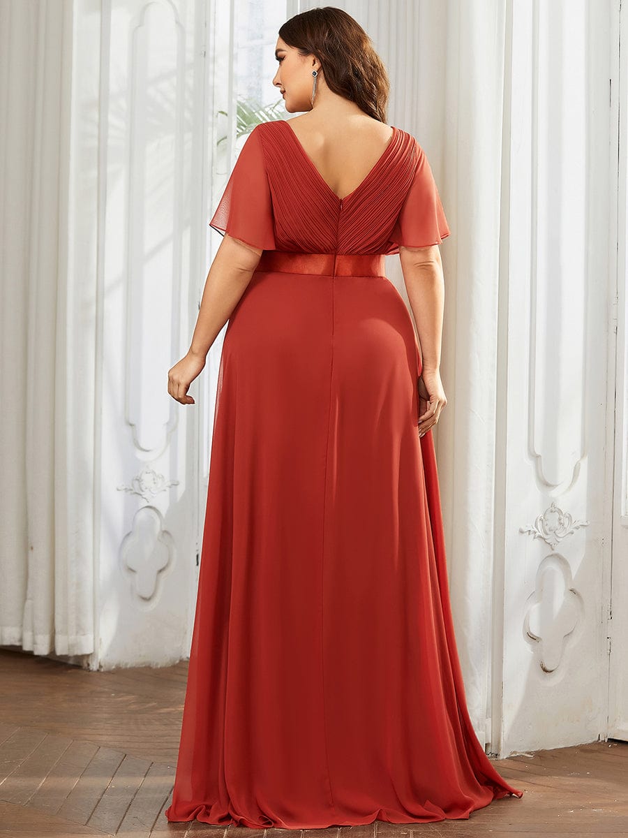 High Waist Short Sleeves Bridesmaid Dress #color_Vermilion High Waist Short Sleeves Bridesmaid Dress #color_Vermilion