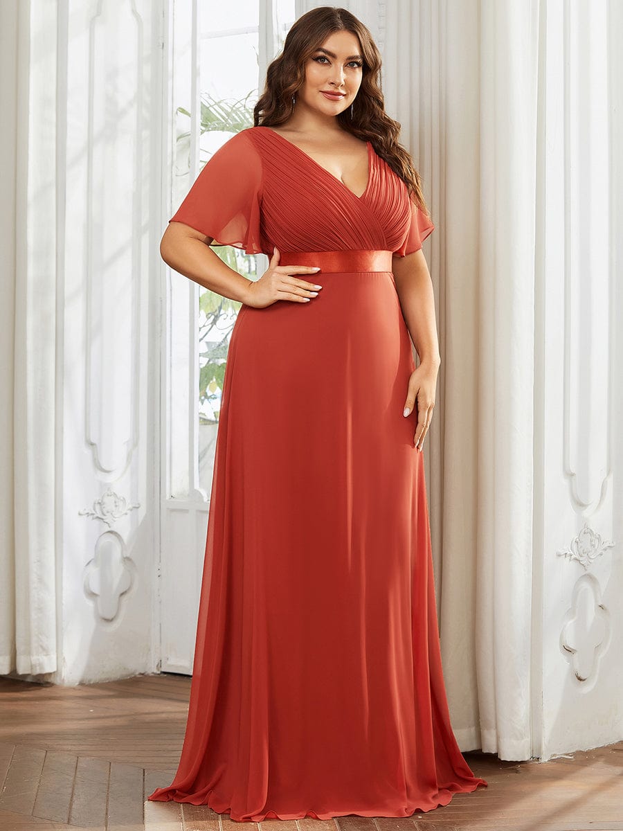 High Waist Short Sleeves Bridesmaid Dress #color_Vermilion High Waist Short Sleeves Bridesmaid Dress #color_Vermilion