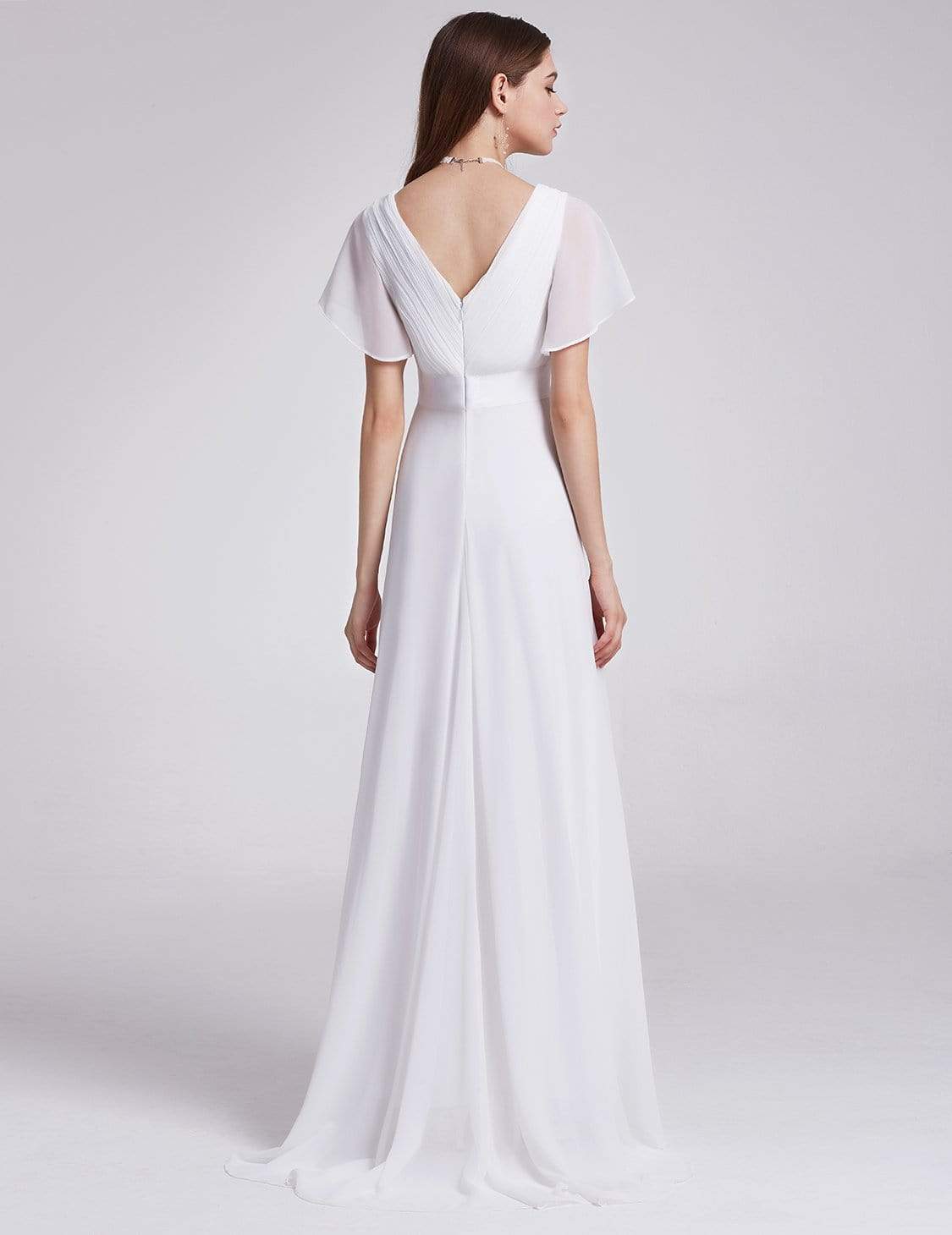 COLOR=White | Long Empire Waist Evening Dress With Short Flutter Sleeves-White 2 COLOR=White | Long Empire Waist Evening Dress With Short Flutter Sleeves-White 2