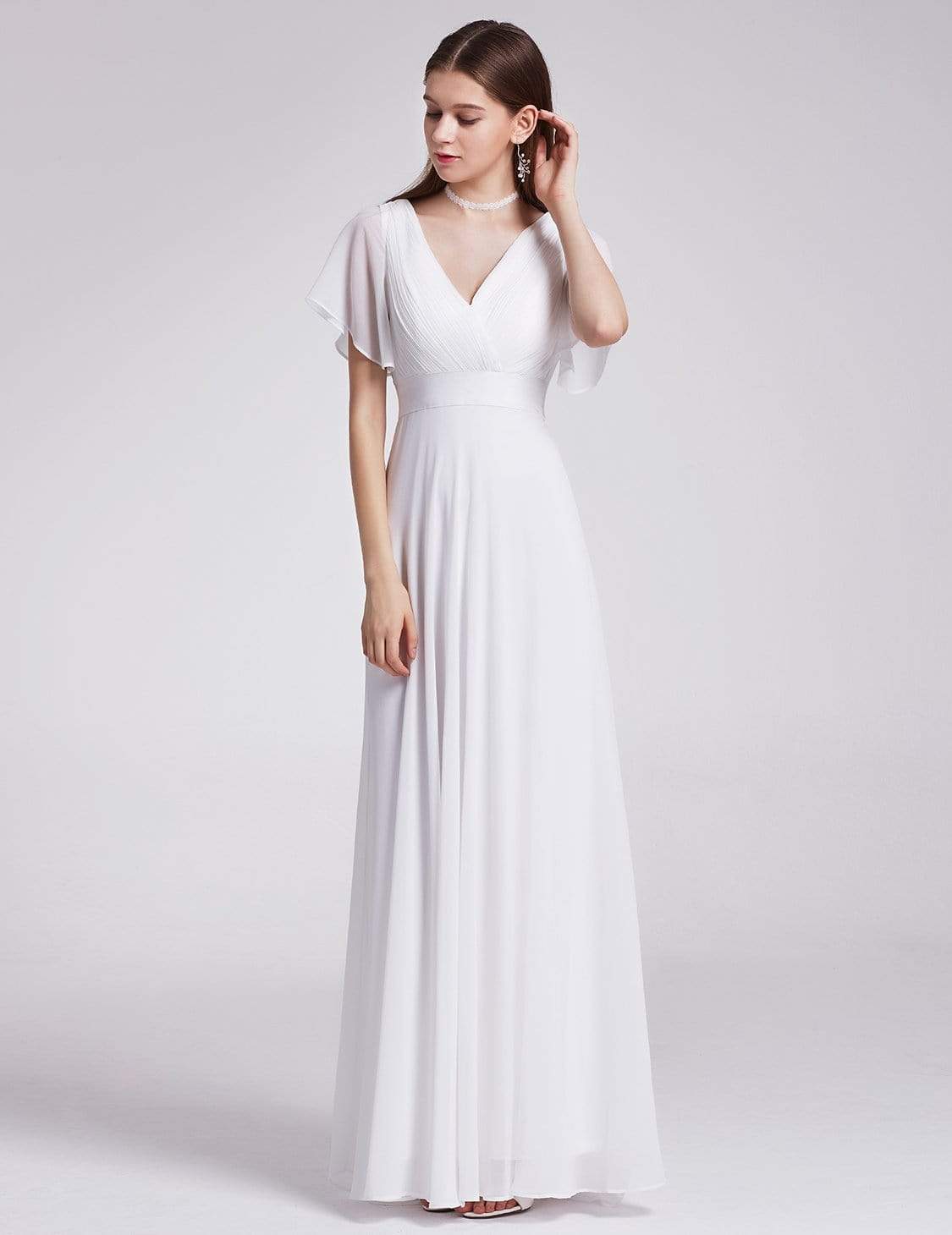 COLOR=White | Long Empire Waist Evening Dress With Short Flutter Sleeves-White 1