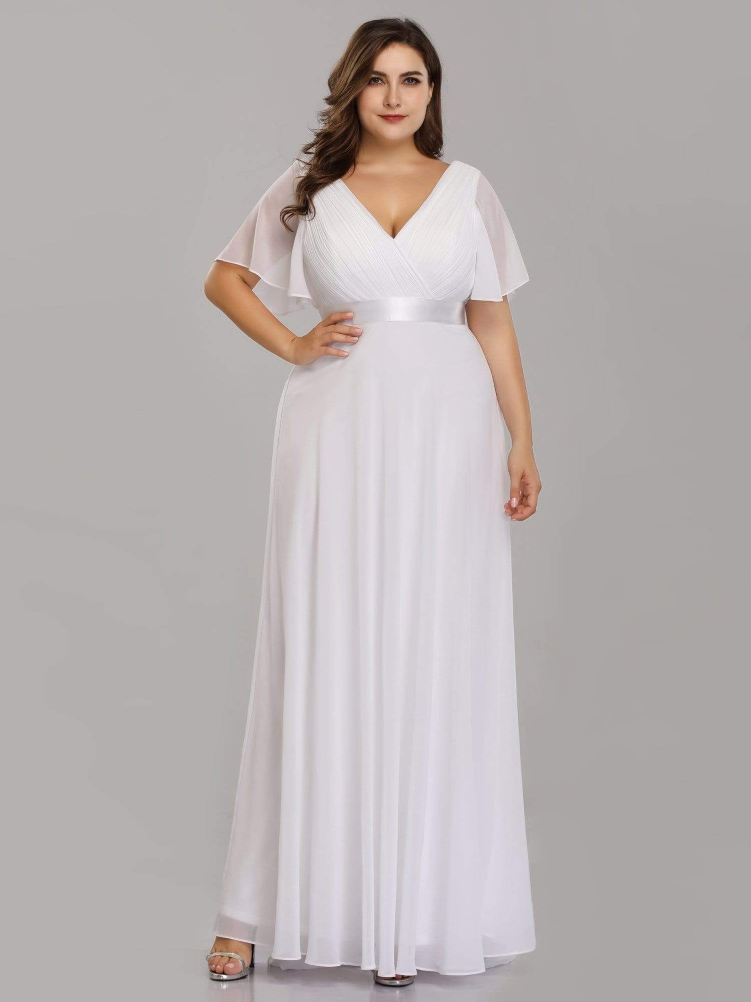 COLOR=White | Long Empire Waist Evening Dress With Short Flutter Sleeves-White 6 COLOR=White | Long Empire Waist Evening Dress With Short Flutter Sleeves-White 6