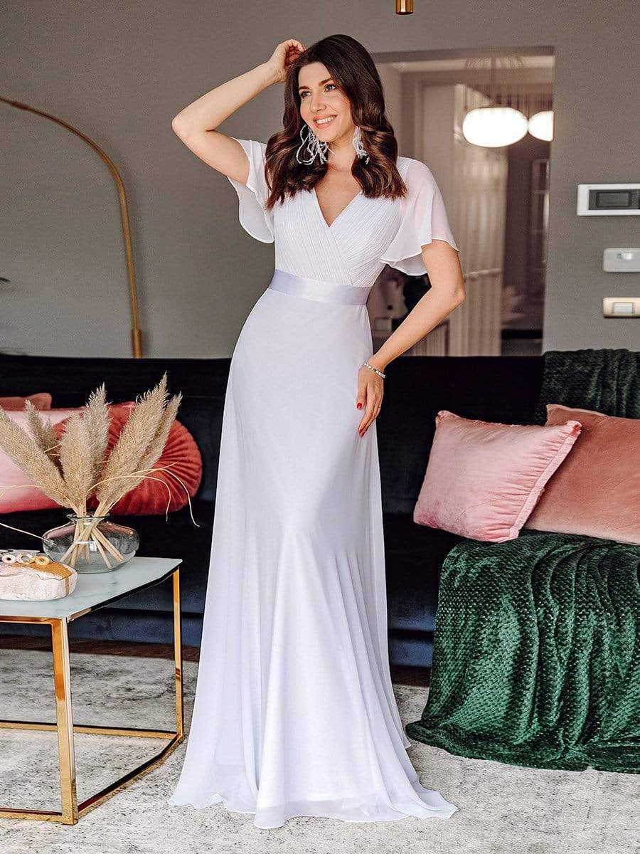 COLOR=White | Long Empire Waist Evening Dress With Short Flutter Sleeves-White 8 COLOR=White | Long Empire Waist Evening Dress With Short Flutter Sleeves-White 8