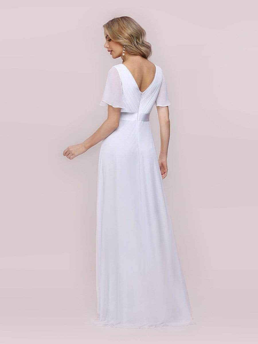 Color=White | Minimalist A-Line Maxi Chiffon Wedding Dress With Satin Belt-White 5 Color=White | Minimalist A-Line Maxi Chiffon Wedding Dress With Satin Belt-White 5