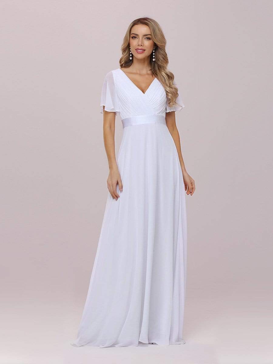 Color=White | Minimalist A-Line Maxi Chiffon Wedding Dress With Satin Belt-White 7 Color=White | Minimalist A-Line Maxi Chiffon Wedding Dress With Satin Belt-White 7