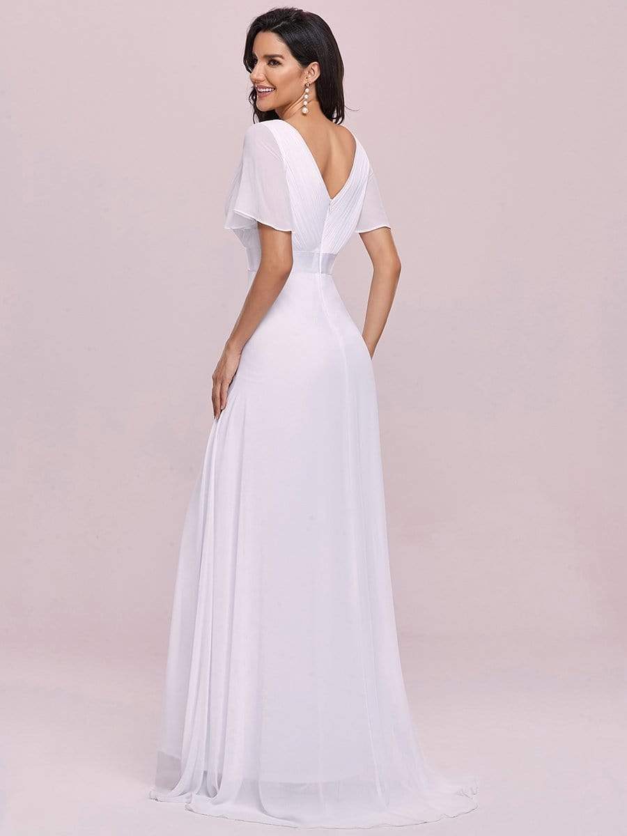 Color=White | Minimalist A-Line Maxi Chiffon Wedding Dress With Satin Belt-White 12 Color=White | Minimalist A-Line Maxi Chiffon Wedding Dress With Satin Belt-White 12
