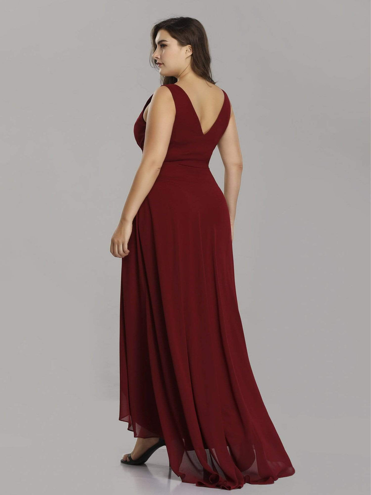 Color=Burgundy | Plus Size V-Neck High-Low Evening Dress-Burgundy 2