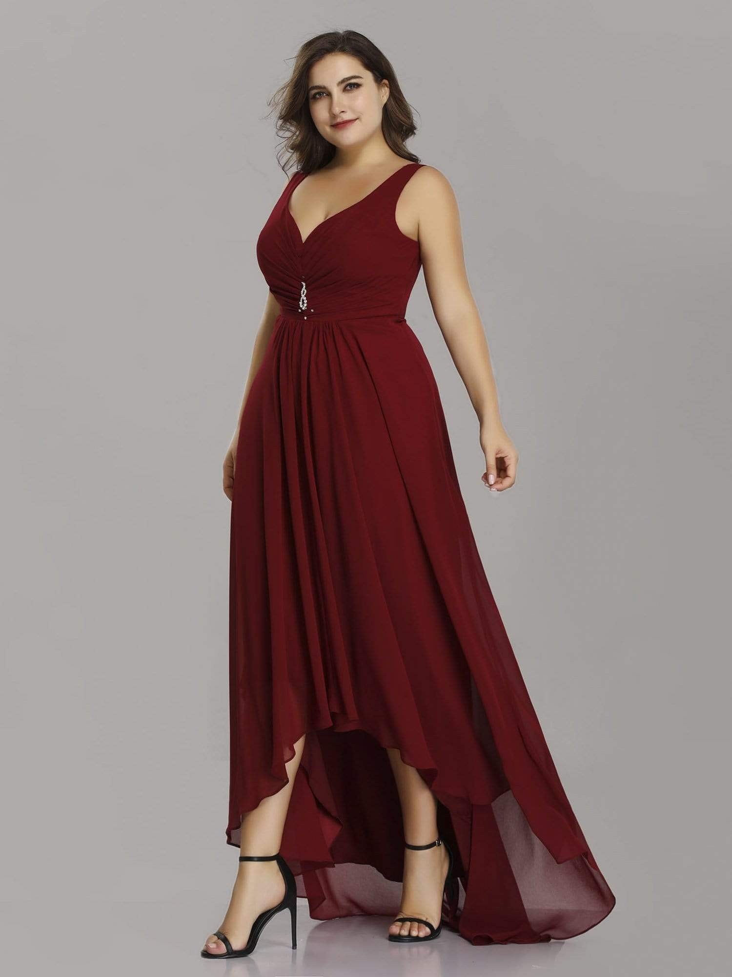 Color=Burgundy | Plus Size V-Neck High-Low Evening Dress-Burgundy 3 Color=Burgundy | Plus Size V-Neck High-Low Evening Dress-Burgundy 3