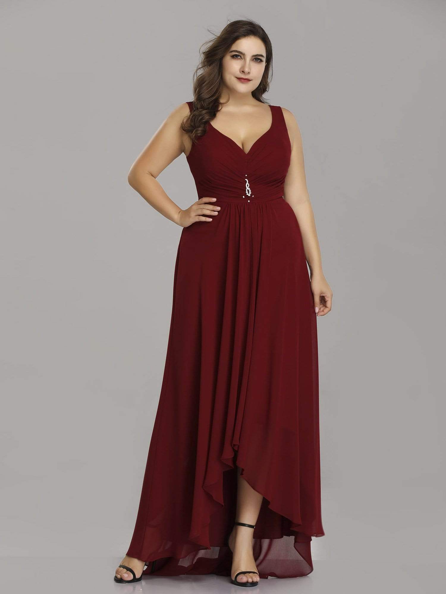 Color=Burgundy | Plus Size V-Neck High-Low Evening Dress-Burgundy 1 Color=Burgundy | Plus Size V-Neck High-Low Evening Dress-Burgundy 1