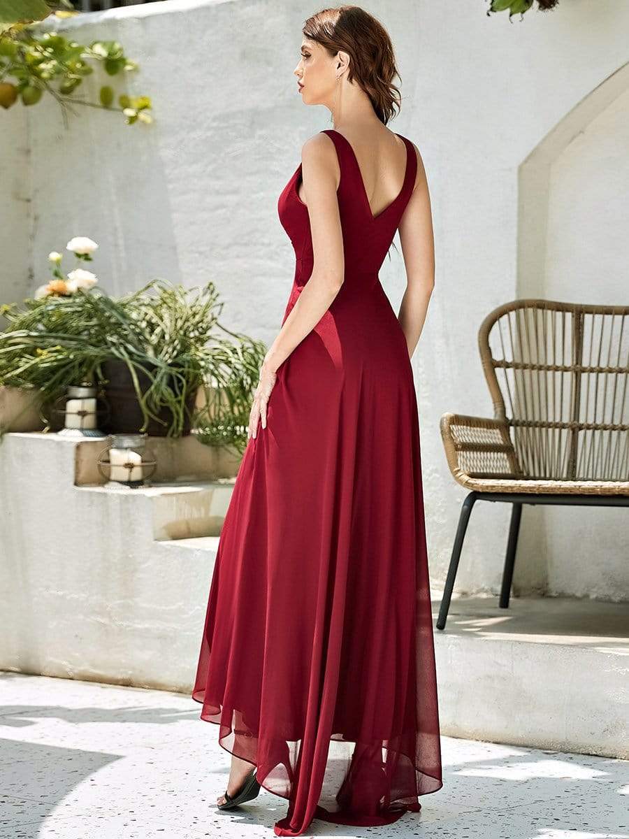 COLOR=Burgundy | V-Neck High-Low Evening Dress-Burgundy 2 COLOR=Burgundy | V-Neck High-Low Evening Dress-Burgundy 2