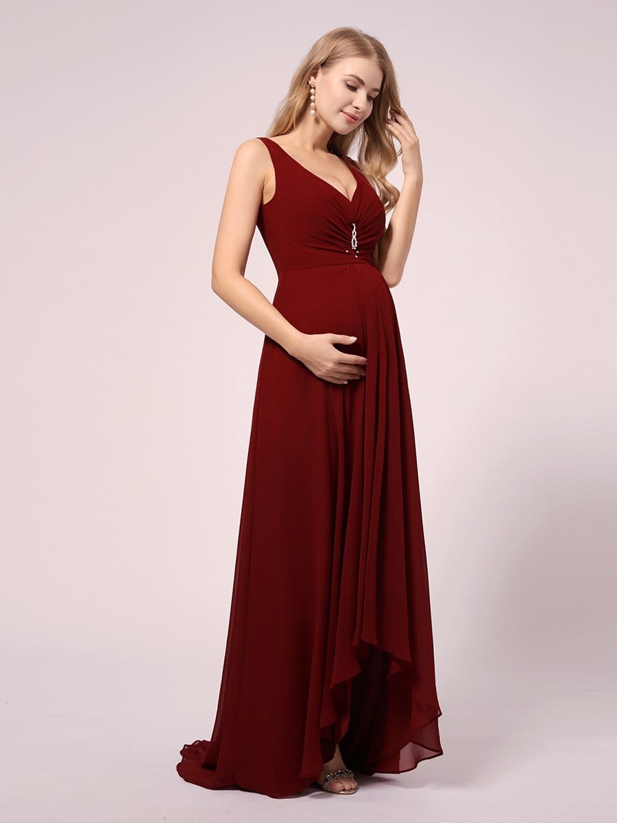 COLOR=Burgundy |V-Neck High-Low Chiffon Evening Party Maternity Dresses-Burgundy 3 COLOR=Burgundy |V-Neck High-Low Chiffon Evening Party Maternity Dresses-Burgundy 3