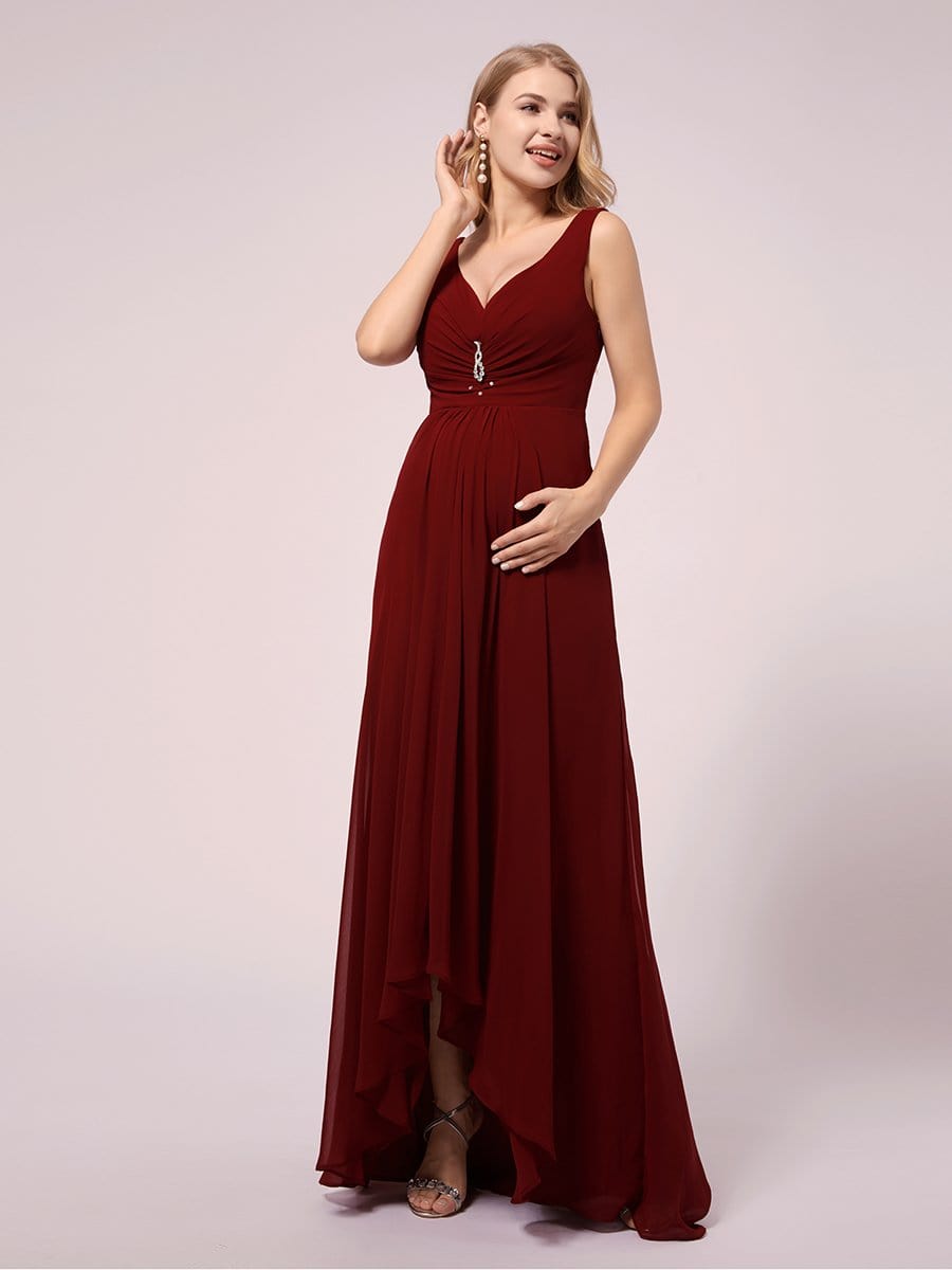 COLOR=Burgundy |V-Neck High-Low Chiffon Evening Party Maternity Dresses-Burgundy 5 COLOR=Burgundy |V-Neck High-Low Chiffon Evening Party Maternity Dresses-Burgundy 5