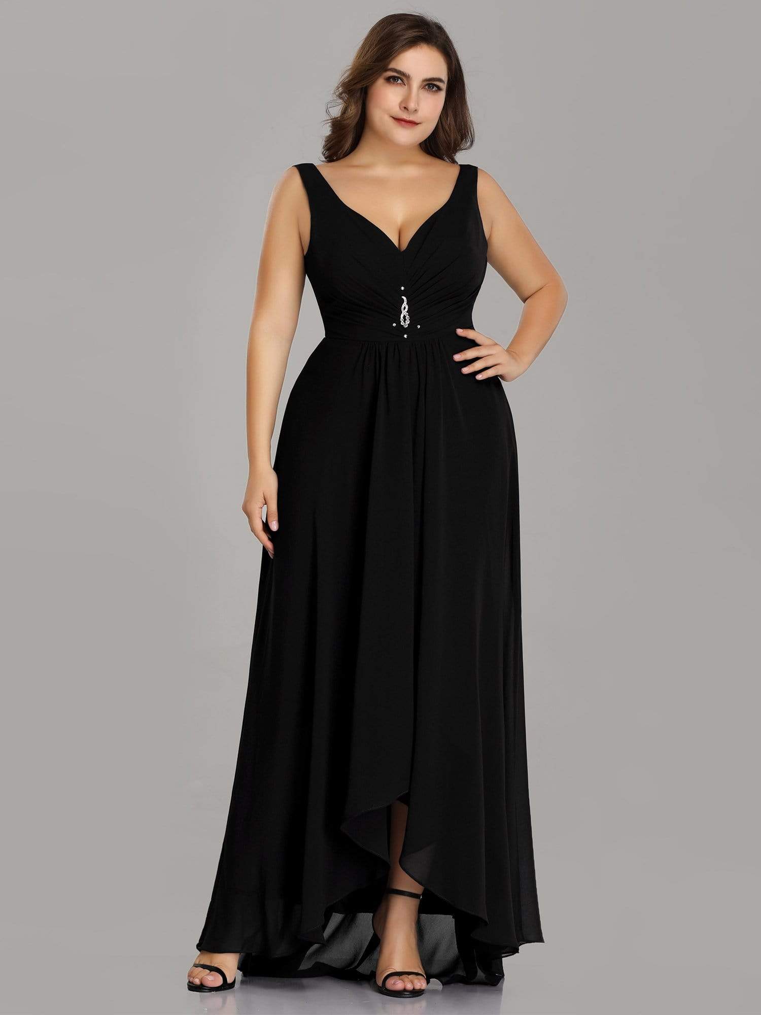 Color=Black | Plus Size V-Neck High-Low Evening Dress-Black 4