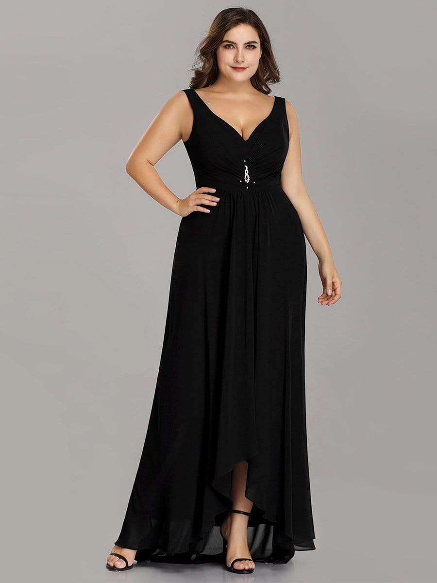 COLOR=Black | V-Neck High-Low Evening Dress-Black 4 COLOR=Black | V-Neck High-Low Evening Dress-Black 4