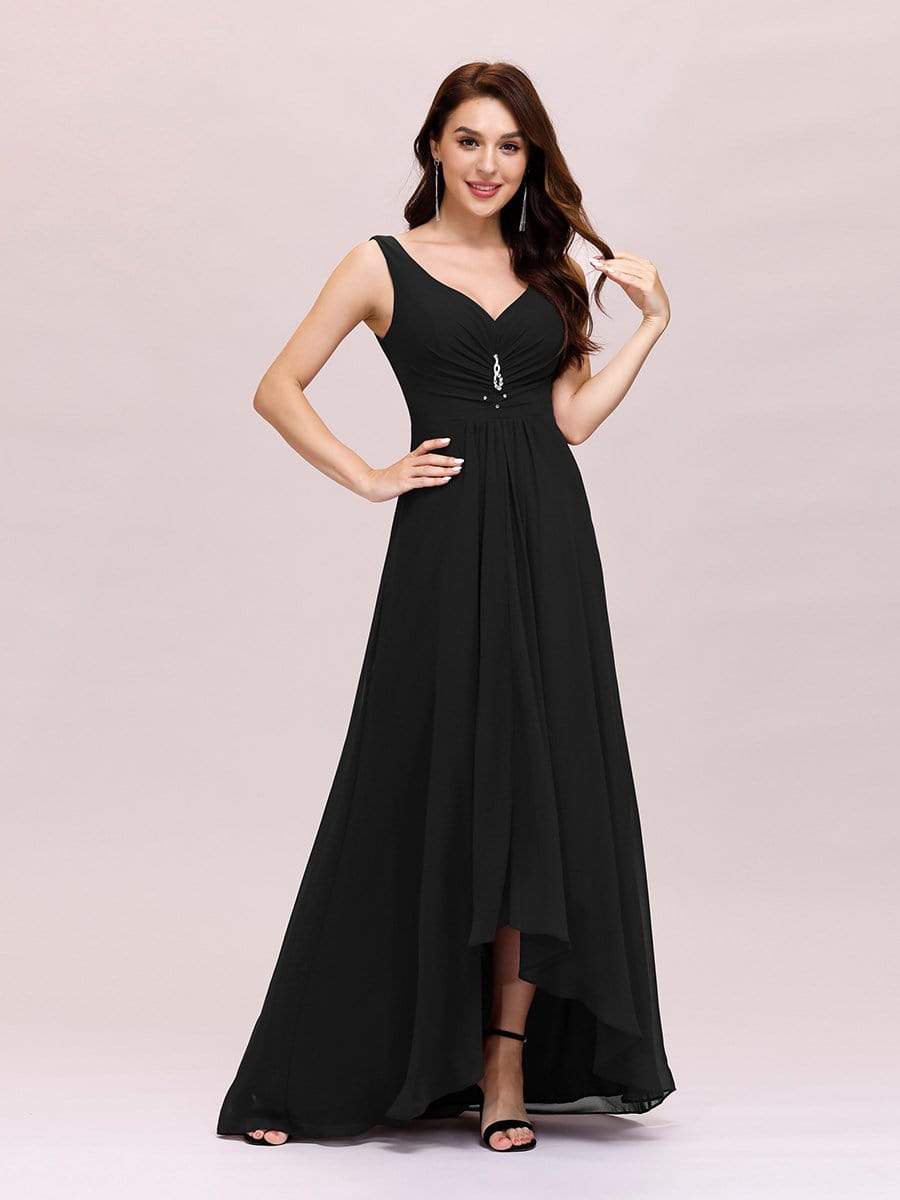 COLOR=Black | V-Neck High-Low Evening Dress-Black 1 COLOR=Black | V-Neck High-Low Evening Dress-Black 1