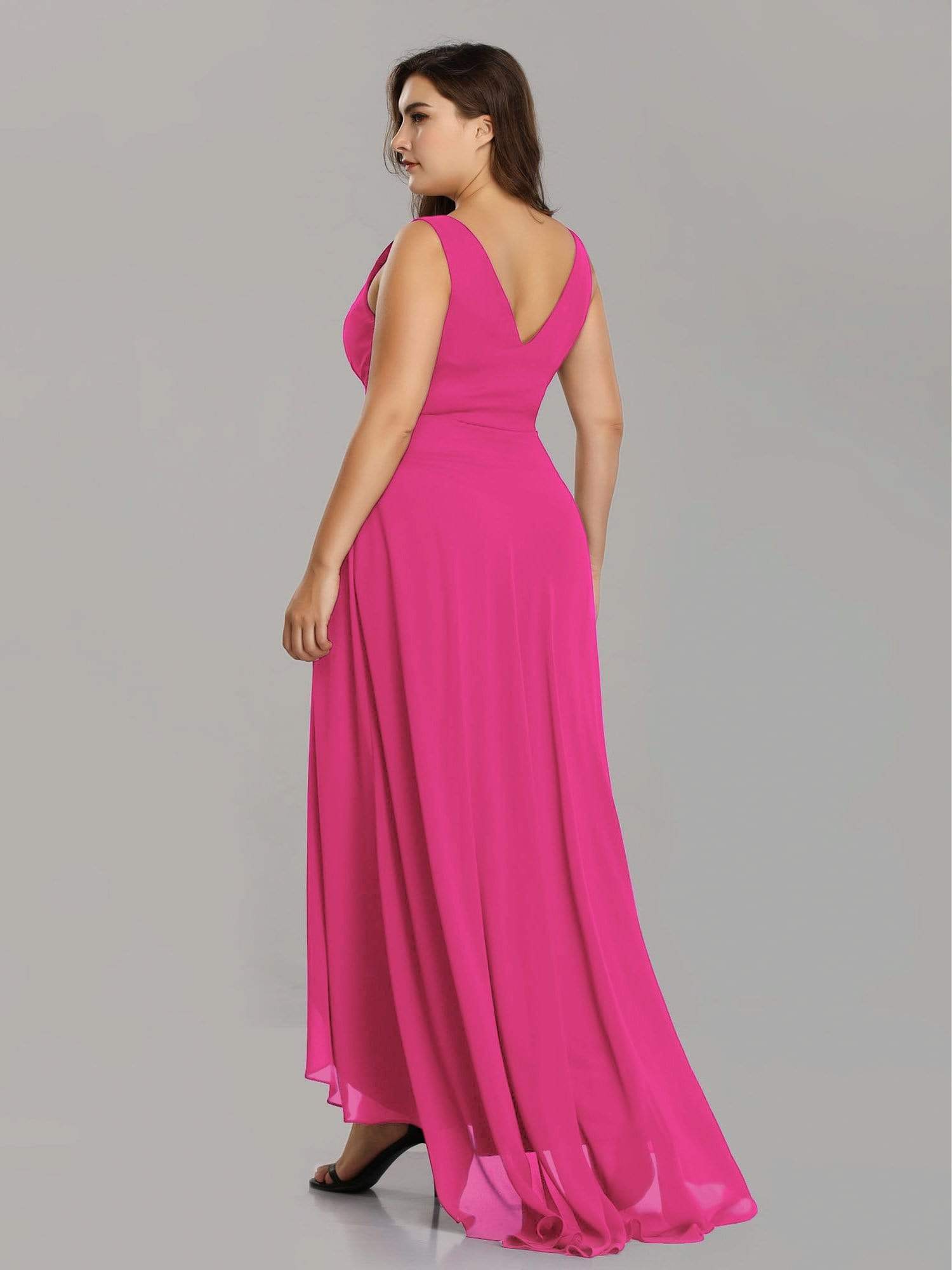 Color=Hot Pink | Plus Size V-Neck High-Low Evening Dress-Hot Pink 2 Color=Hot Pink | Plus Size V-Neck High-Low Evening Dress-Hot Pink 2