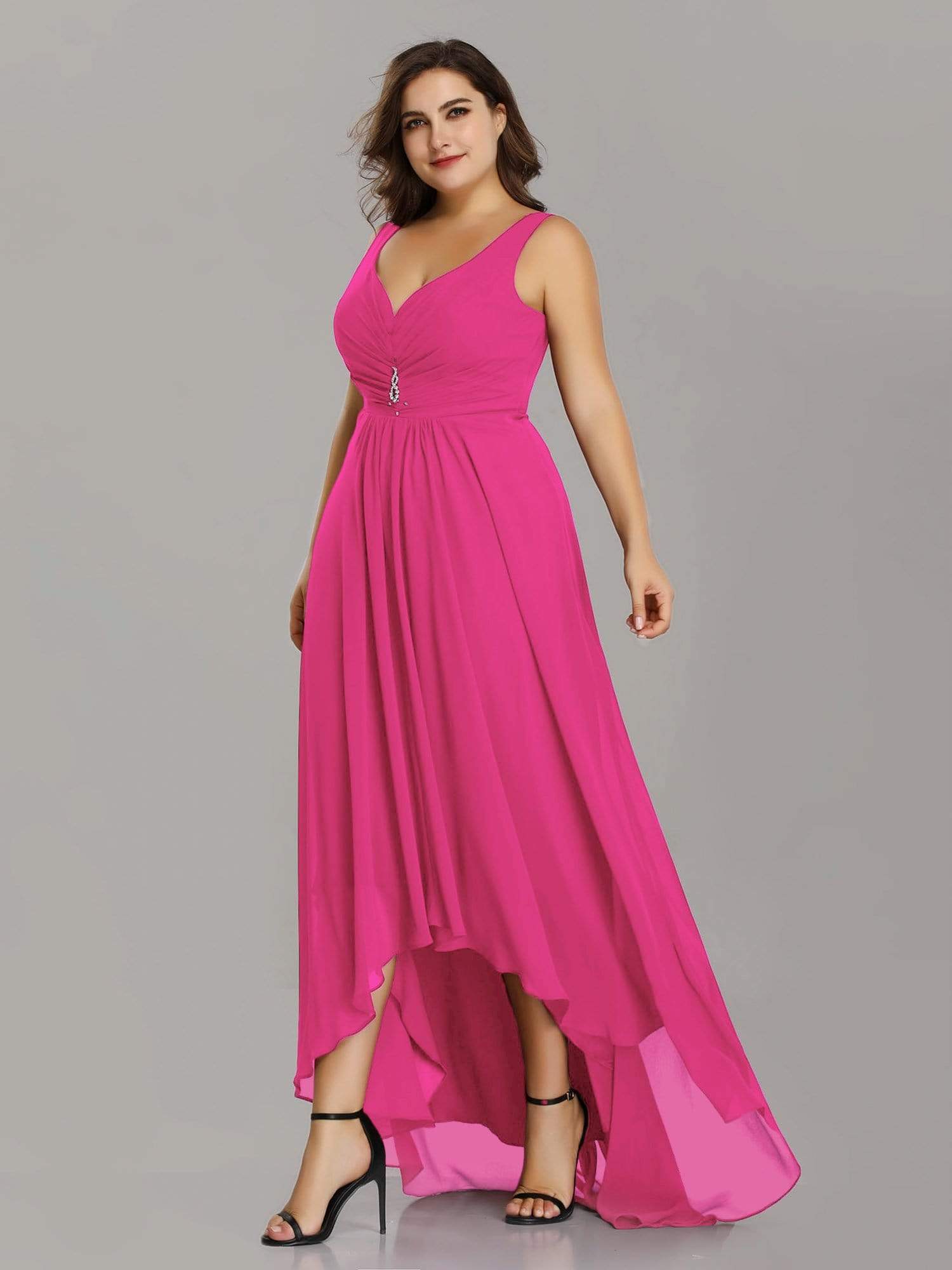 Color=Hot Pink | Plus Size V-Neck High-Low Evening Dress-Hot Pink 3 Color=Hot Pink | Plus Size V-Neck High-Low Evening Dress-Hot Pink 3