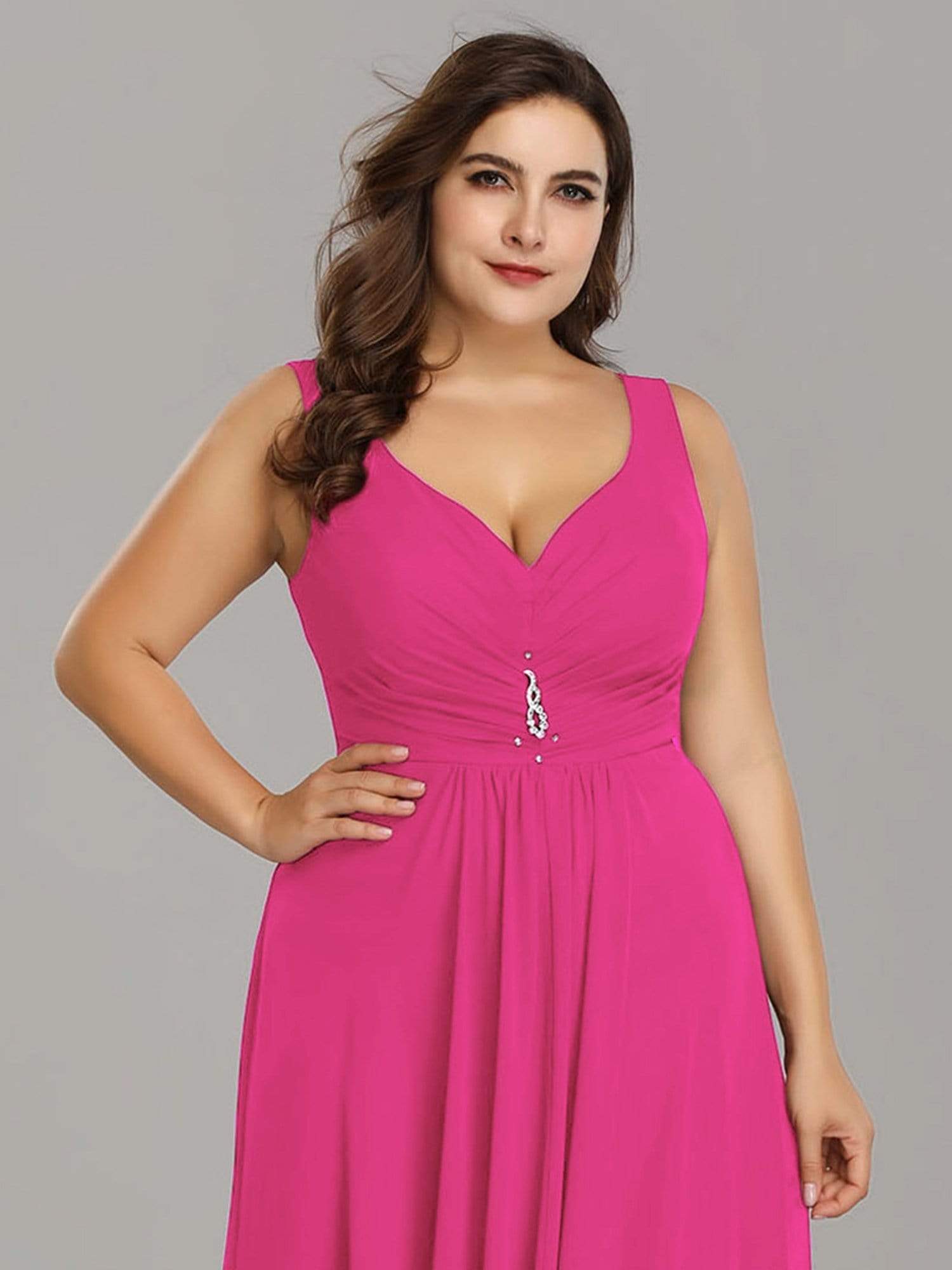 Color=Hot Pink | Plus Size V-Neck High-Low Evening Dress-Hot Pink 5 Color=Hot Pink | Plus Size V-Neck High-Low Evening Dress-Hot Pink 5