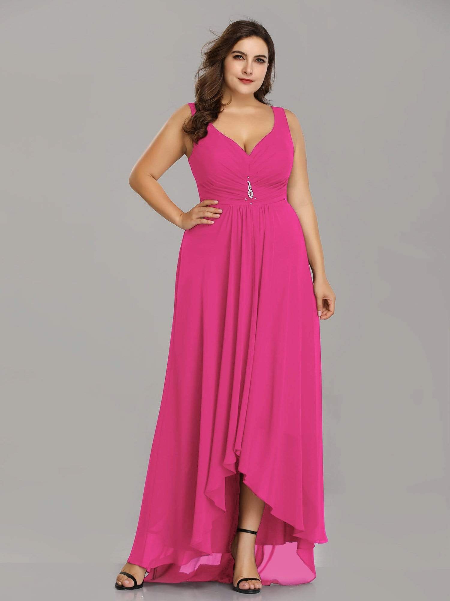Color=Hot Pink | Plus Size V-Neck High-Low Evening Dress-Hot Pink 1 Color=Hot Pink | Plus Size V-Neck High-Low Evening Dress-Hot Pink 1