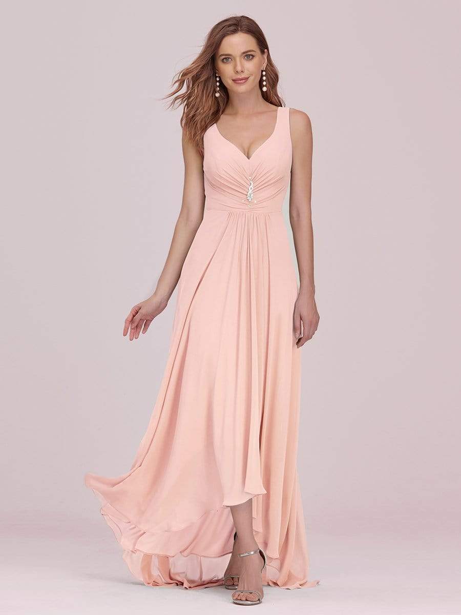 COLOR=Pink | V-Neck High-Low Evening Dress-Pink 4