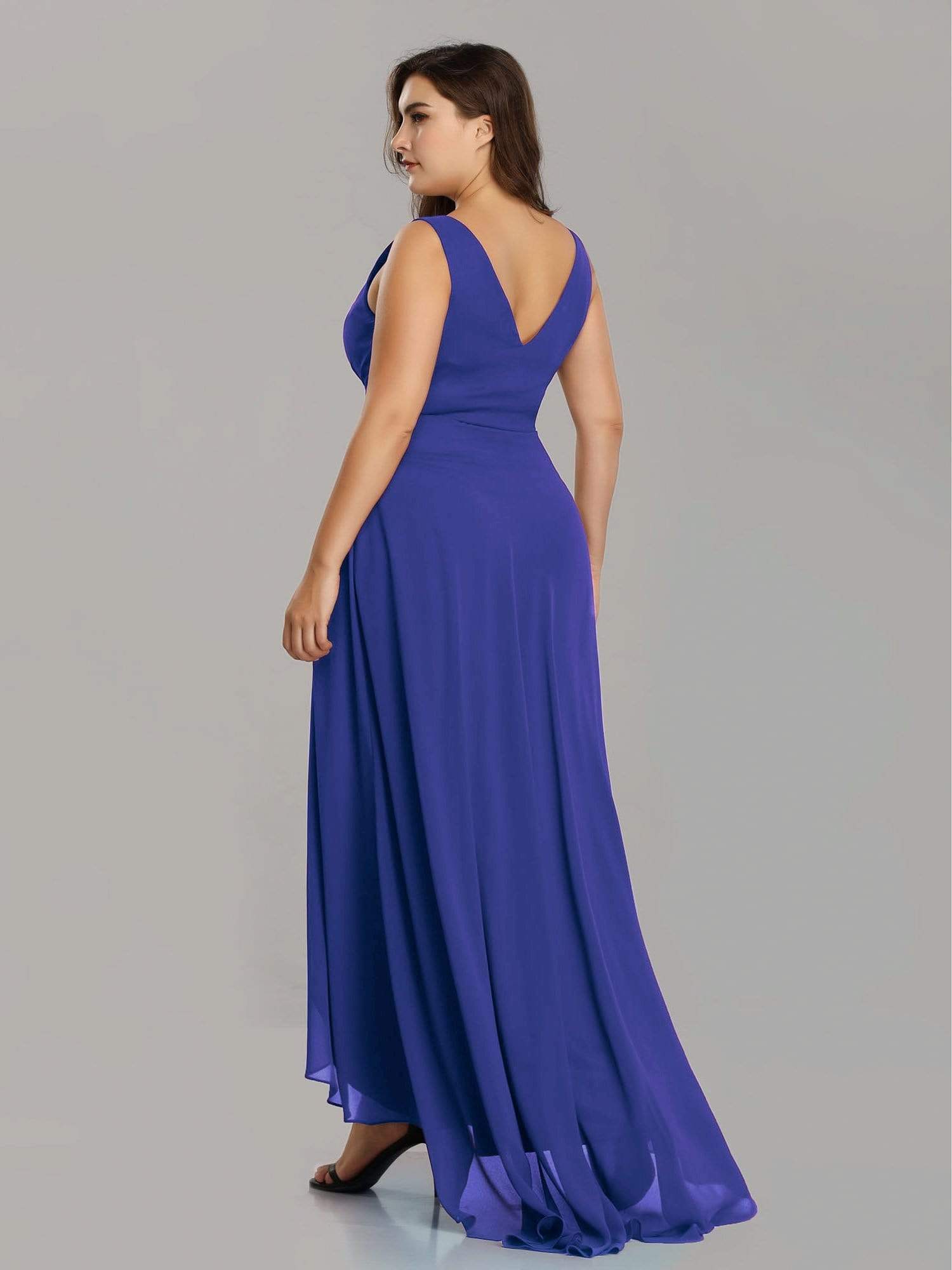 Color=Sapphire Blue | Plus Size V-Neck High-Low Evening Dress-Sapphire Blue 2