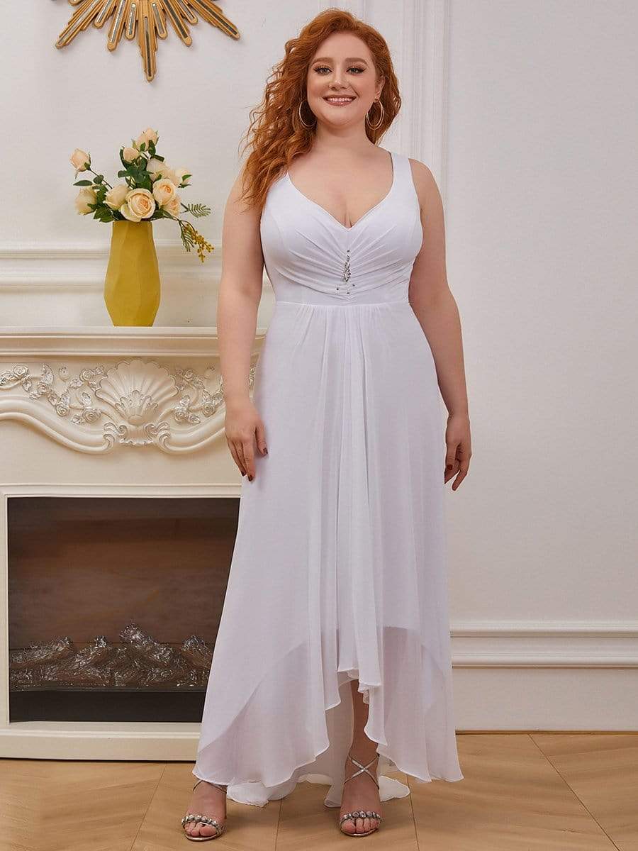 Color=White | Plus Size V-Neck High-Low Evening Dress-White 1 Color=White | Plus Size V-Neck High-Low Evening Dress-White 1