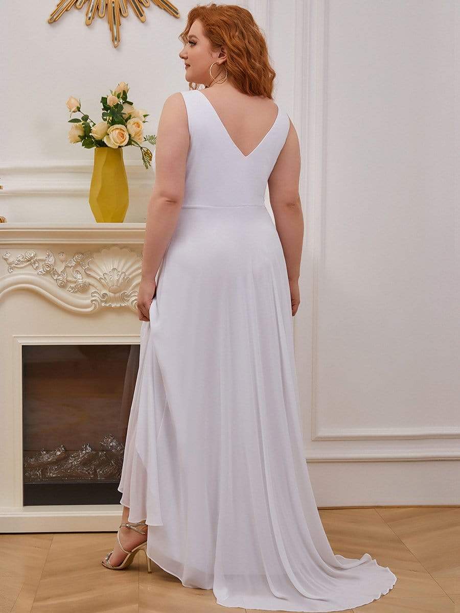 Color=White | Plus Size V-Neck High-Low Evening Dress-White 2 Color=White | Plus Size V-Neck High-Low Evening Dress-White 2