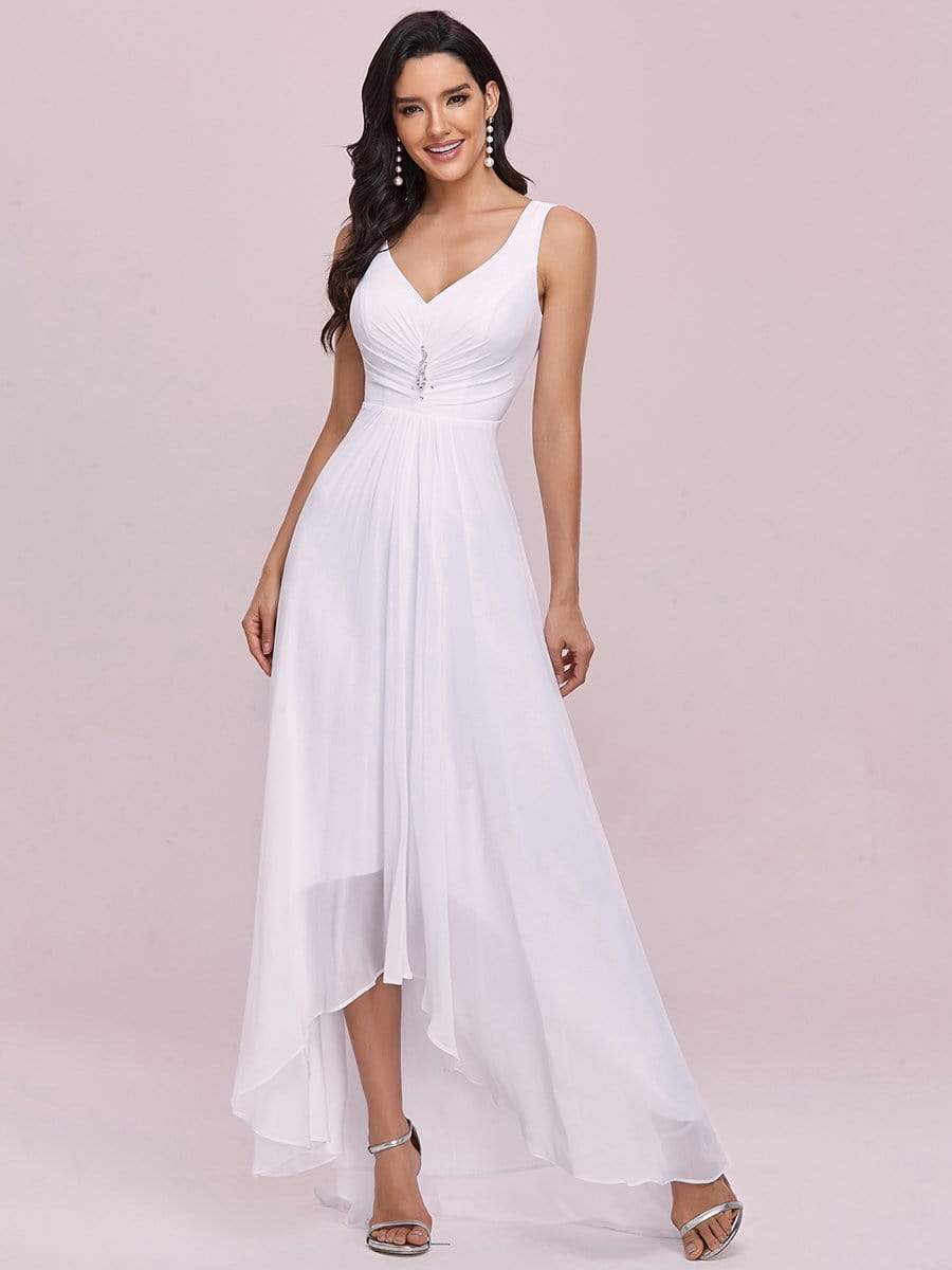 COLOR=White | V-Neck High-Low Evening Dress-White 1 COLOR=White | V-Neck High-Low Evening Dress-White 1