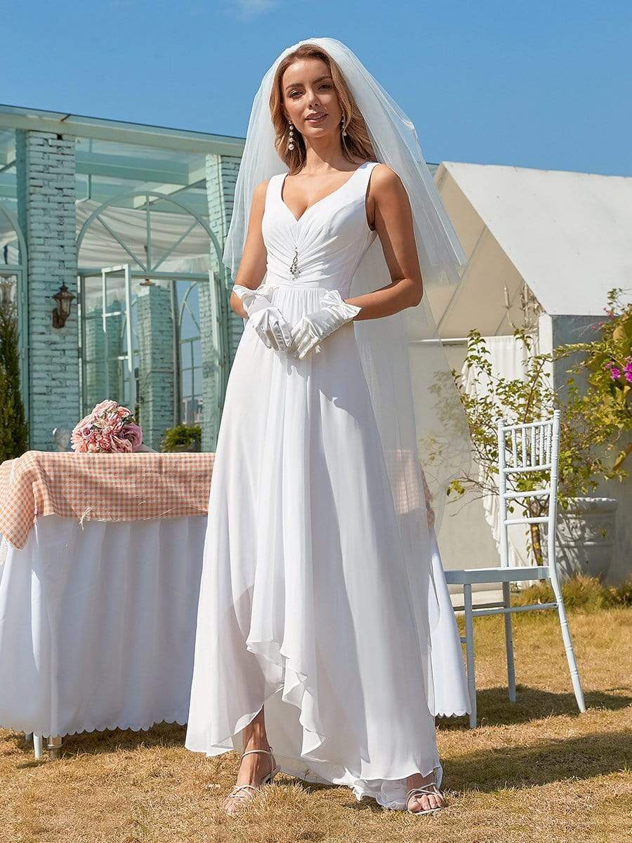 Color=White | Simple V Neck Chiffon Wedding Dress With Asymmetric Hem-White 1 Color=White | Simple V Neck Chiffon Wedding Dress With Asymmetric Hem-White 1