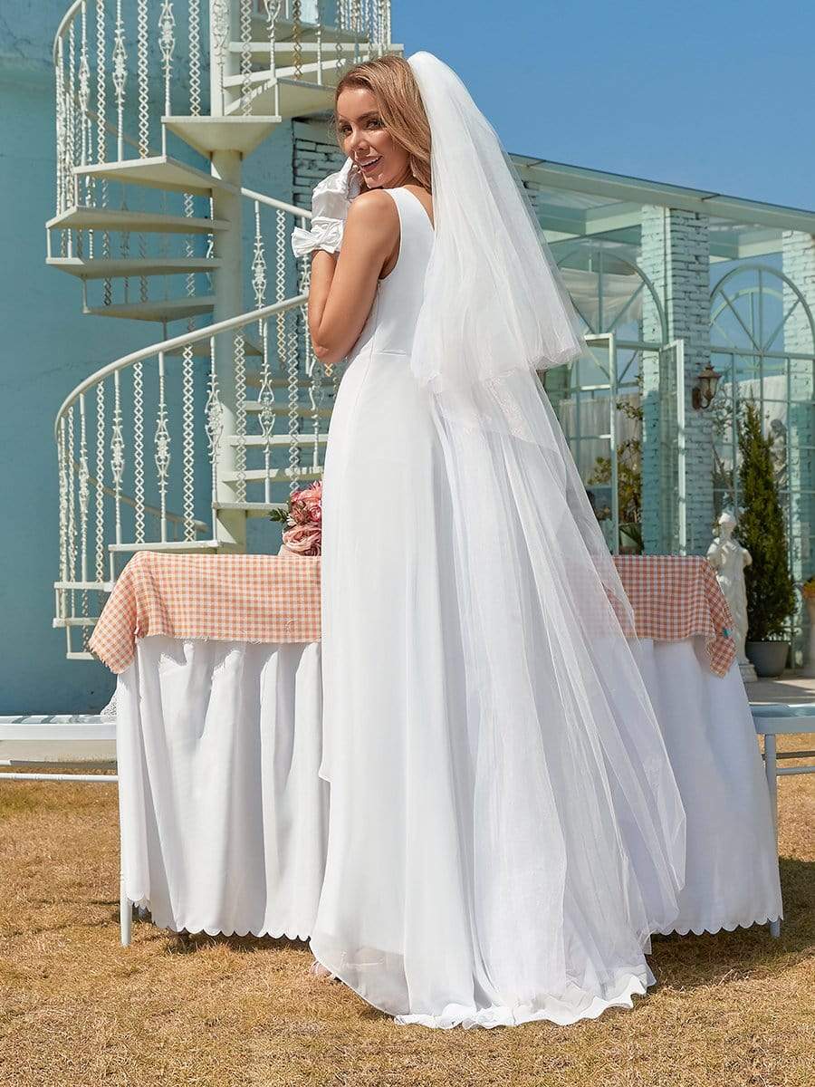 Color=White | Simple V Neck Chiffon Wedding Dress With Asymmetric Hem-White 2 Color=White | Simple V Neck Chiffon Wedding Dress With Asymmetric Hem-White 2