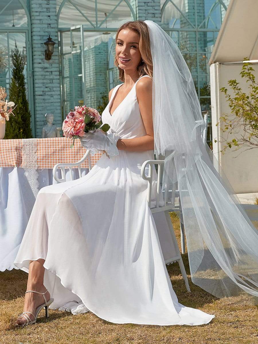 Color=White | Simple V Neck Chiffon Wedding Dress With Asymmetric Hem-White 3 Color=White | Simple V Neck Chiffon Wedding Dress With Asymmetric Hem-White 3