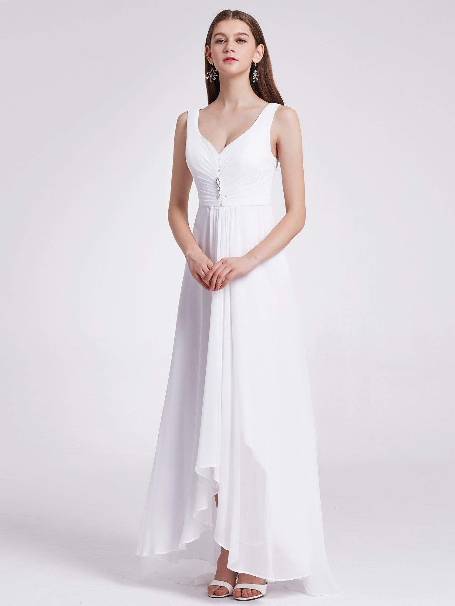 COLOR=White | V-Neck High-Low Evening Dress-White 3 COLOR=White | V-Neck High-Low Evening Dress-White 3