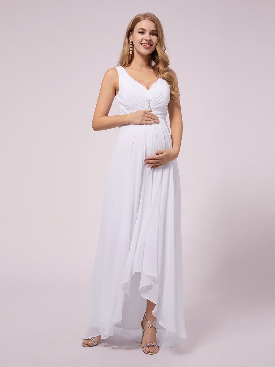 COLOR=White | V-Neck High-Low Chiffon Evening Party Maternity Dresses-White 1 COLOR=White | V-Neck High-Low Chiffon Evening Party Maternity Dresses-White 1