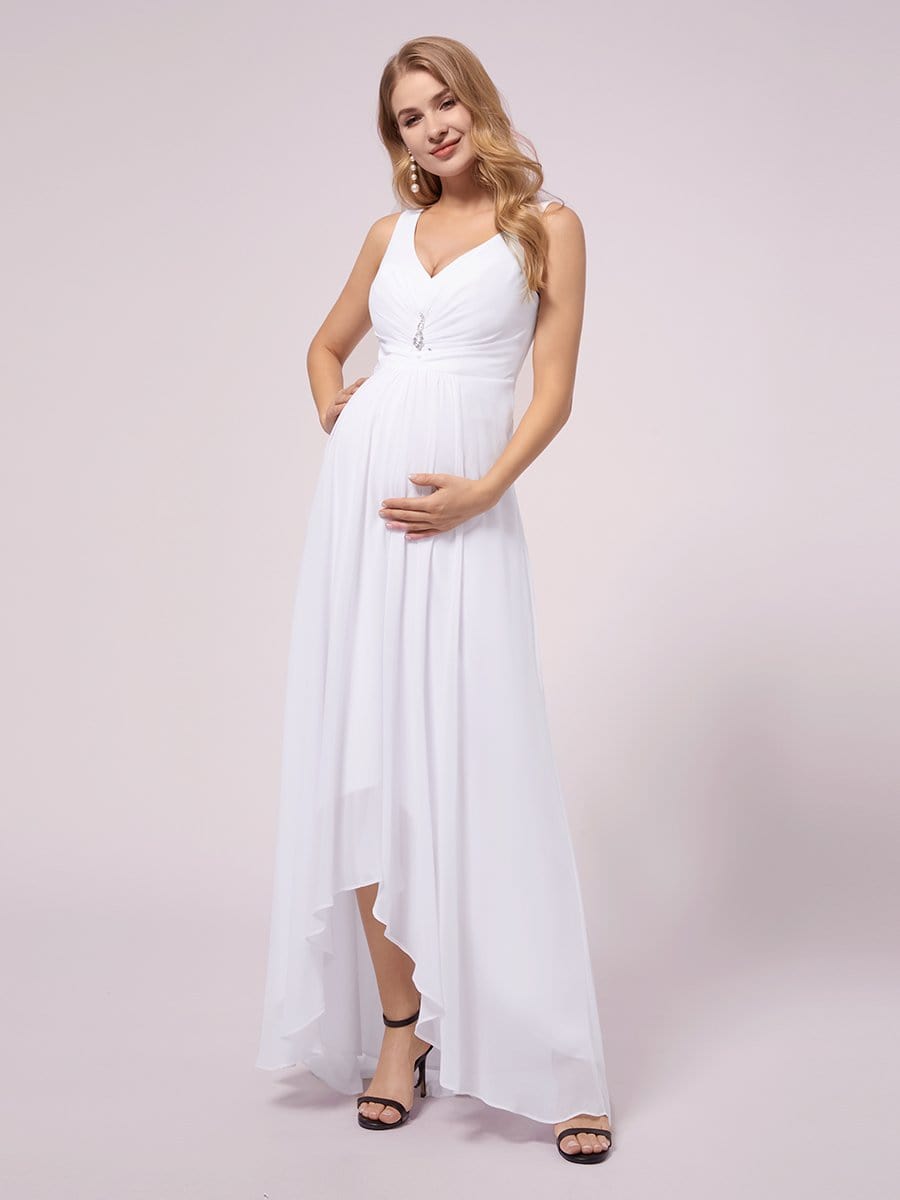 COLOR=White | V-Neck High-Low Chiffon Evening Party Maternity Dresses-White 3 COLOR=White | V-Neck High-Low Chiffon Evening Party Maternity Dresses-White 3