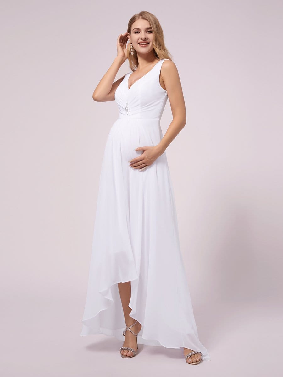 COLOR=White | V-Neck High-Low Chiffon Evening Party Maternity Dresses-White 5 COLOR=White | V-Neck High-Low Chiffon Evening Party Maternity Dresses-White 5
