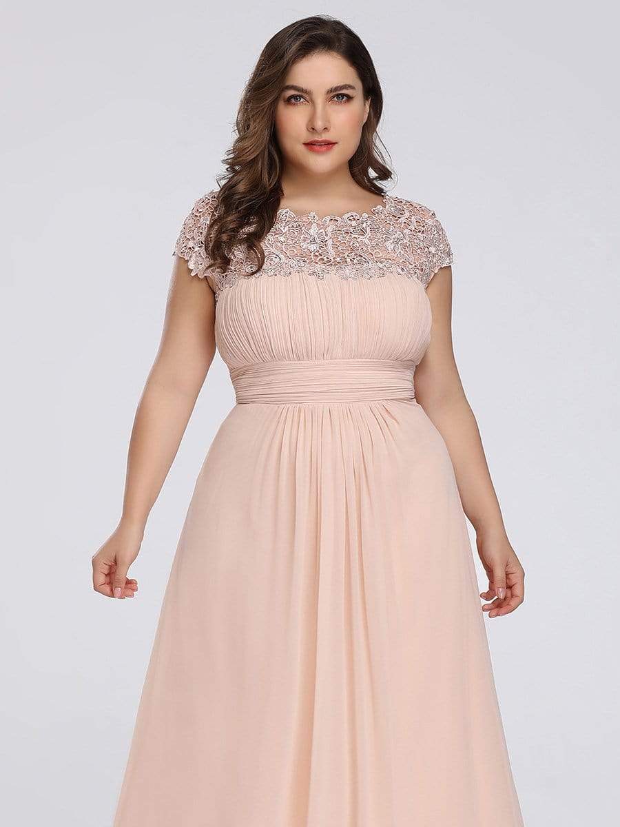 Color=Blush | Maxi Long Lace Cap Sleeve Elegant Plus Size Evening Gowns-Blush 5
