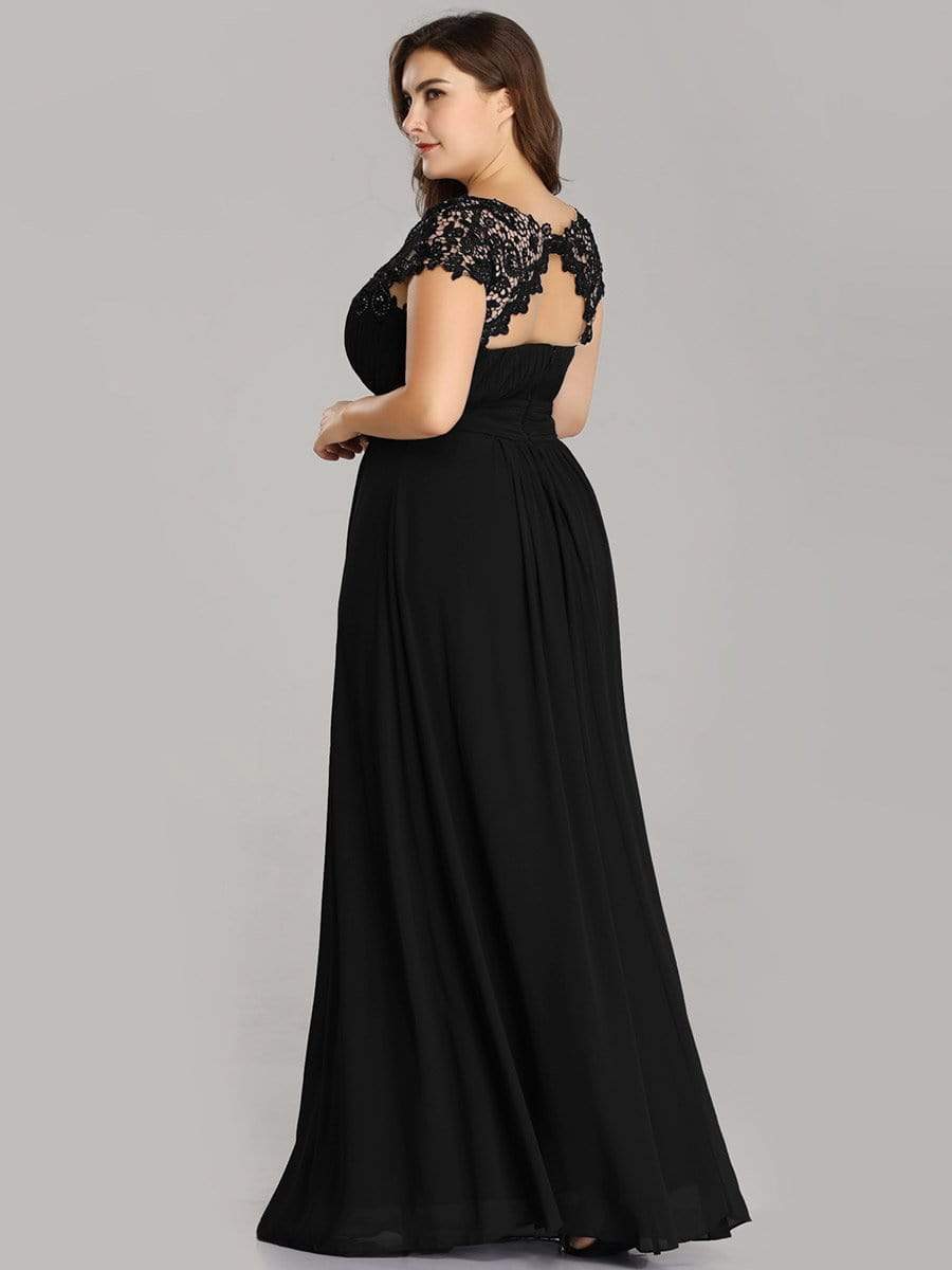 COLOR=Black | Maxi Long Lace Cap Sleeve Elegant Plus Size Evening Gowns-Black 2