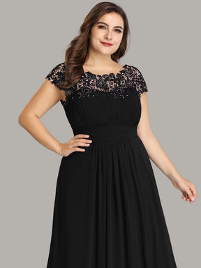 COLOR=Black | Maxi Long Lace Cap Sleeve Elegant Plus Size Evening Gowns-Black 5