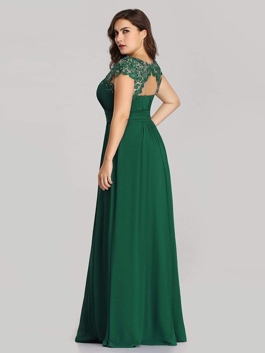 COLOR=Dark Green | Maxi Long Lace Cap Sleeve Elegant Plus Size Evening Gowns-Dark Green 2