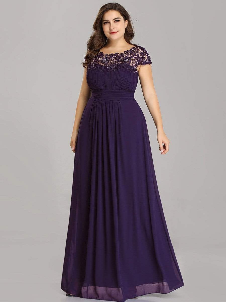 COLOR=Dark Purple | Maxi Long Lace Cap Sleeve Elegant Plus Size Evening Gowns-Dark Purple 3