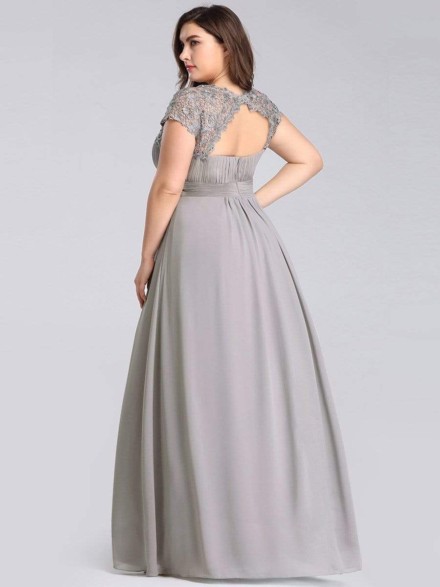 COLOR=Grey | Maxi Long Lace Cap Sleeve Elegant Plus Size Evening Gowns-Grey 2 COLOR=Grey | Maxi Long Lace Cap Sleeve Elegant Plus Size Evening Gowns-Grey 2