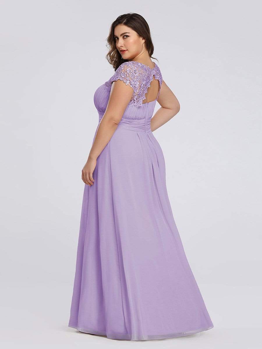 Color=Lavender | Maxi Long Lace Cap Sleeve Elegant Plus Size Evening Gowns-Lavender 2