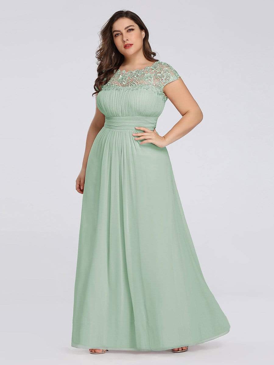 Color=Mint Green | Maxi Long Lace Cap Sleeve Elegant Plus Size Evening Gowns-Mint Green 3