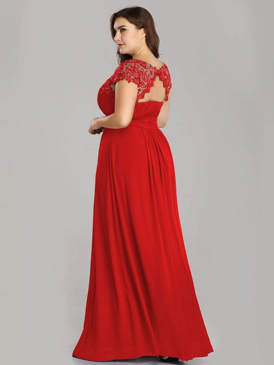 COLOR=Red | Maxi Long Lace Cap Sleeve Elegant Plus Size Evening Gowns-Red 2