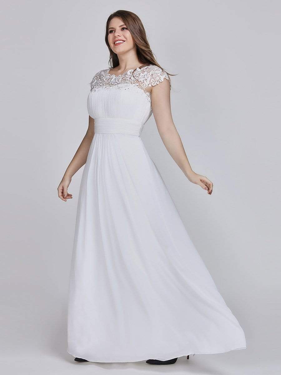COLOR=White | Maxi Long Lace Cap Sleeve Elegant Plus Size Evening Gowns-White 3
