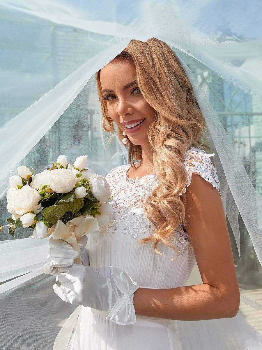 Color=White | Plain Pleated Chiffon Wedding Dress With Lace Decorations-White 4 Color=White | Plain Pleated Chiffon Wedding Dress With Lace Decorations-White 4