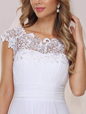Color=White | Plain Pleated Chiffon Wedding Dress With Lace Decorations-White 7