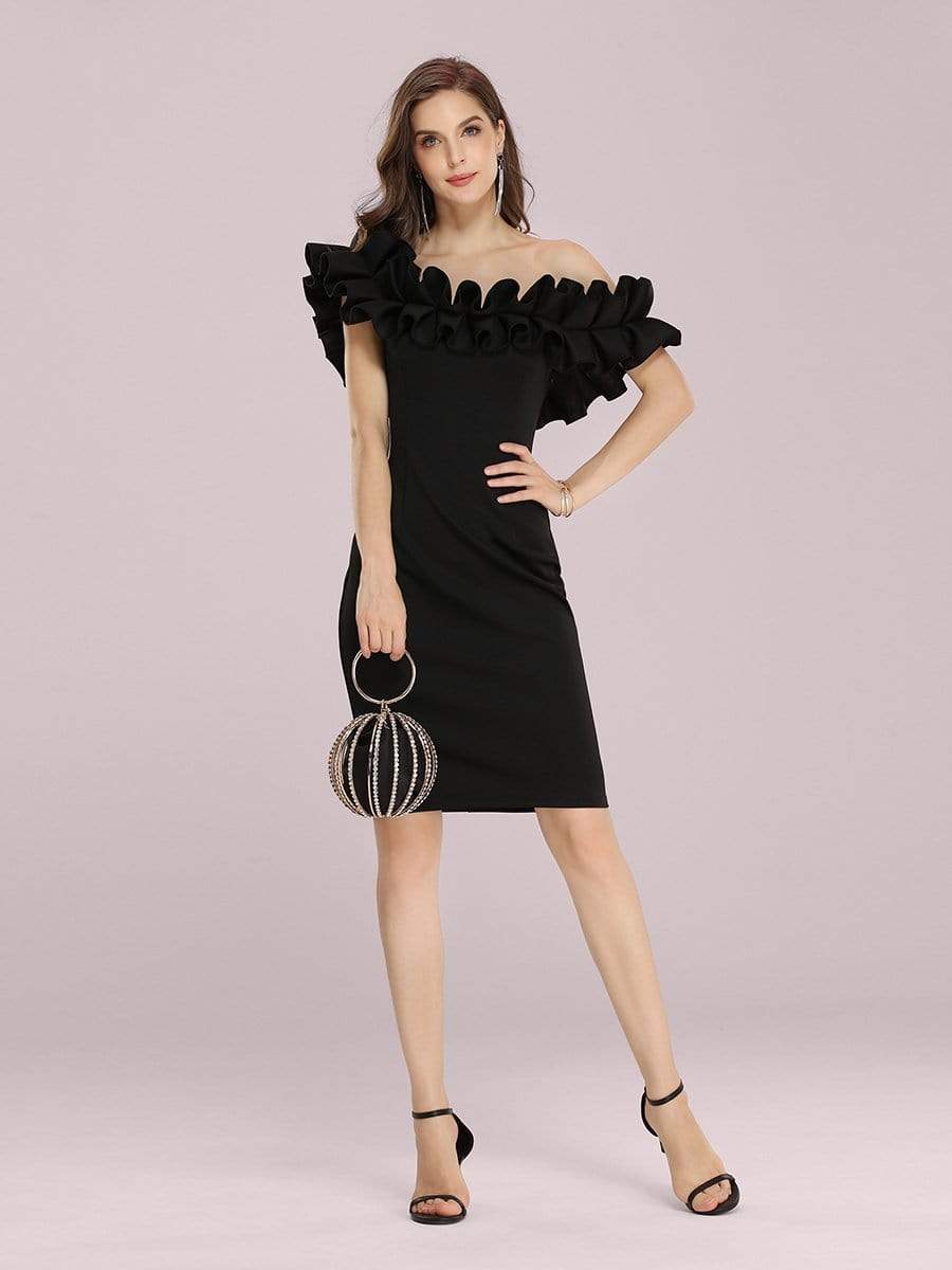 Color=Black | Women'S Sexy Off Shoulder Bodycon Party Dress With Ruffles-Black 4 Color=Black | Women'S Sexy Off Shoulder Bodycon Party Dress With Ruffles-Black 4