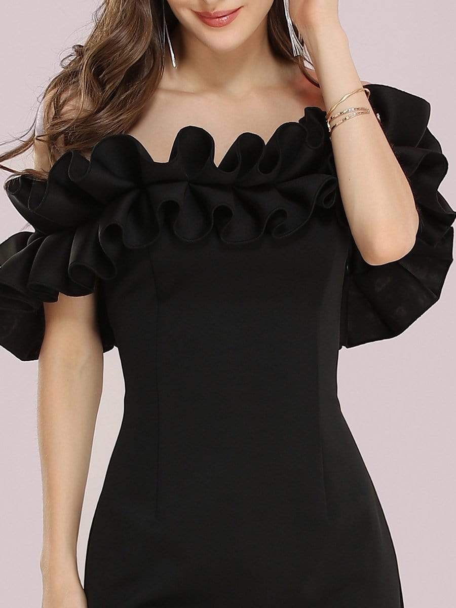Color=Black | Women'S Sexy Off Shoulder Bodycon Party Dress With Ruffles-Black 5 Color=Black | Women'S Sexy Off Shoulder Bodycon Party Dress With Ruffles-Black 5
