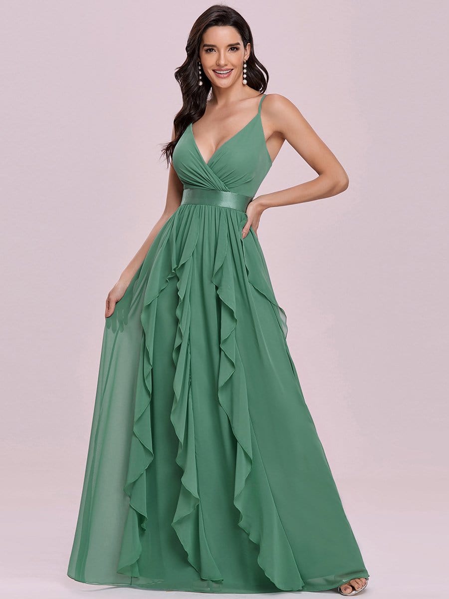 Color=Green Bean | Low Back Deep V Neck Pagoda Sleeve Bead Waist Bridesmaid Dress-Green Bean 4 Color=Green Bean | Low Back Deep V Neck Pagoda Sleeve Bead Waist Bridesmaid Dress-Green Bean 4