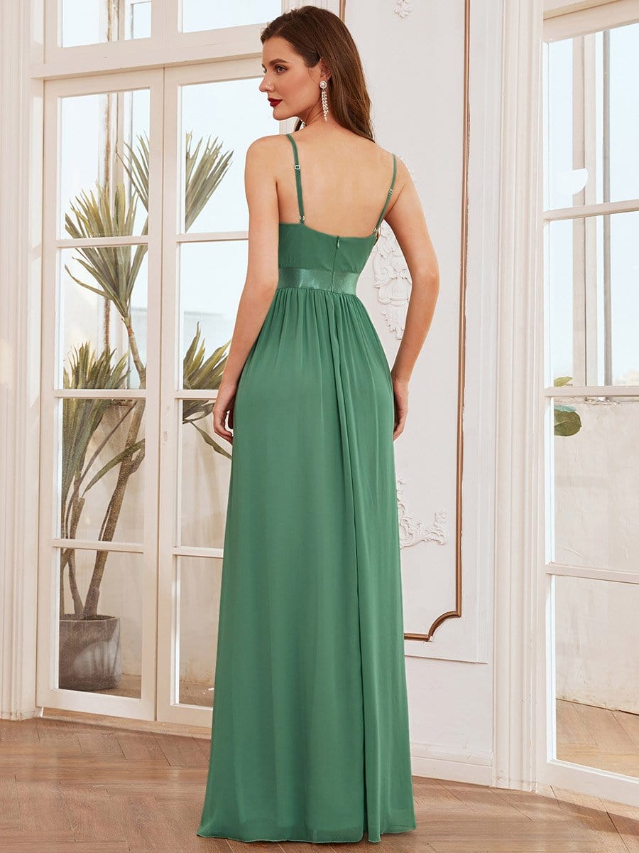 Color=Green Bean | Low Back Deep V Neck Pagoda Sleeve Bead Waist Bridesmaid Dress-Green Bean 2 Color=Green Bean | Low Back Deep V Neck Pagoda Sleeve Bead Waist Bridesmaid Dress-Green Bean 2